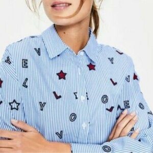 Boden Blue Striped Button Down Shirt with Embroidered Accents